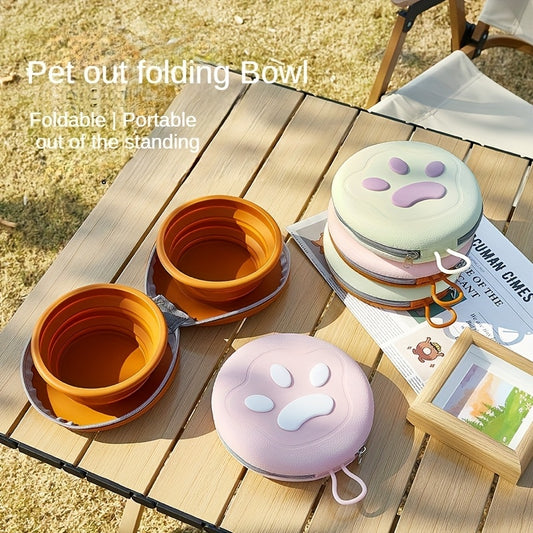 Pet Dog Travel Silicone Double Bowl, 2 in 1 Foldable Silicone Dog Bowl, Portable Easy to Clean Pet Feeding Device for Travel And Outdoor Use, Pet Boarding, Training Feeding And Water Dish